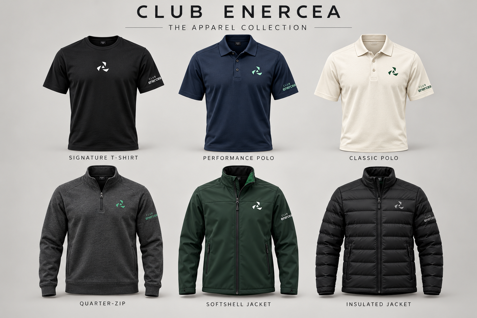 Club Enercea apparel collection including T-shirts, golf shirts and jackets