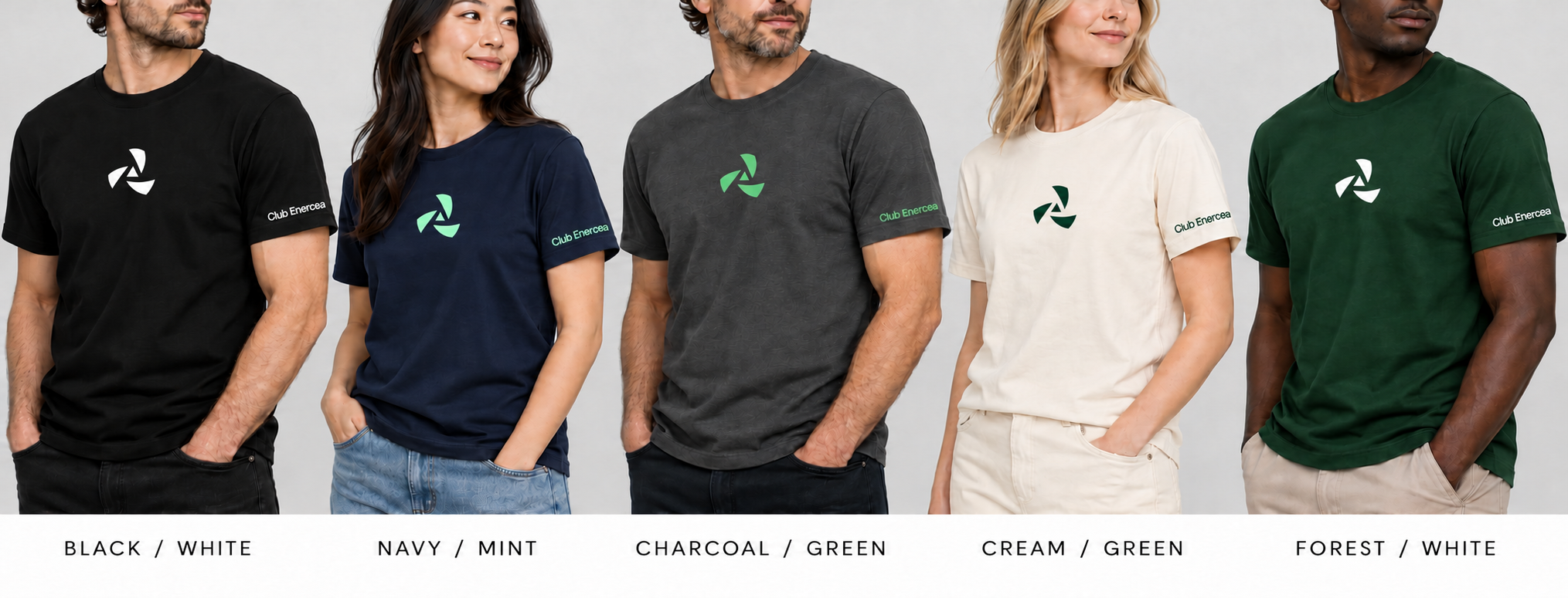 Club Enercea T-shirts in black, navy, charcoal, cream and forest green